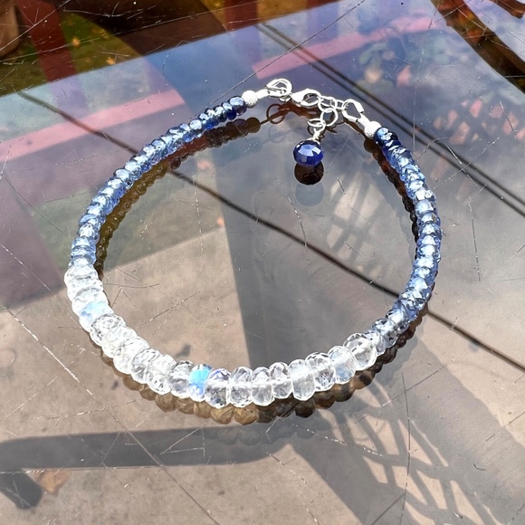 Solid 14K White Gold Natural Blue Sapphire, Moonstone Bracelet 7" - 7 2/3" - Picture 10 of 13